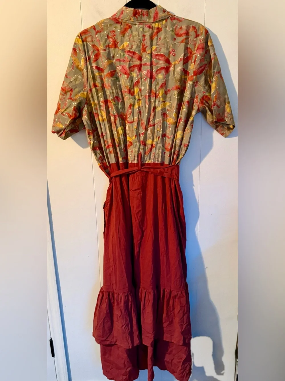 Two-Tone Floral Button Front Midi Dress in Rust and Olive, XL - Picture 2 of 7